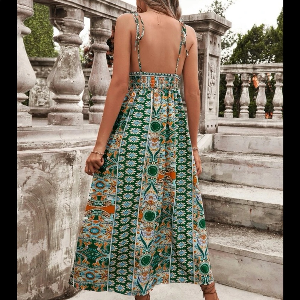 Boho Floral Paisley Print Smocked Waist Cami Dress GREEN - Picture 4 of 4